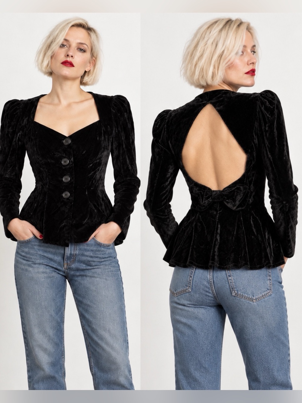 Vintage crushed velvet open back puff sleeve top with train & flare waist (26")